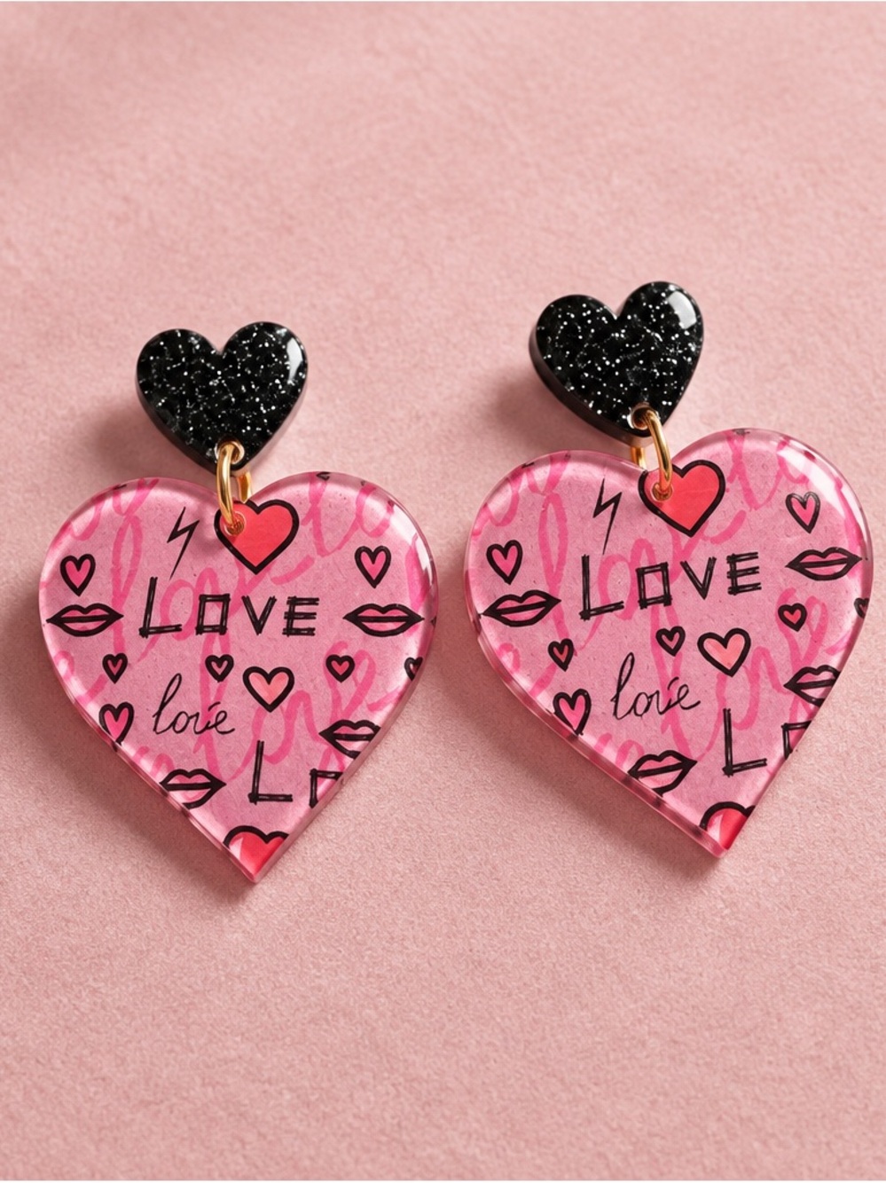 Fashion Jewelry Pink and Black Heart Dangle Earrings